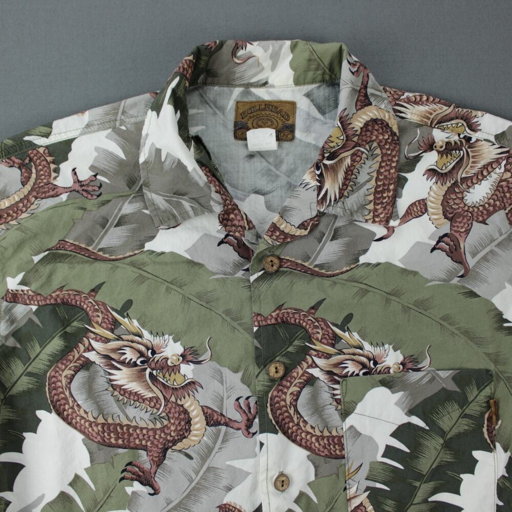 Bullhead Vintage Hawaiian Shirt Mens L Green Brown Cotton Short Sleeve Dragons - Picture 2 of 6